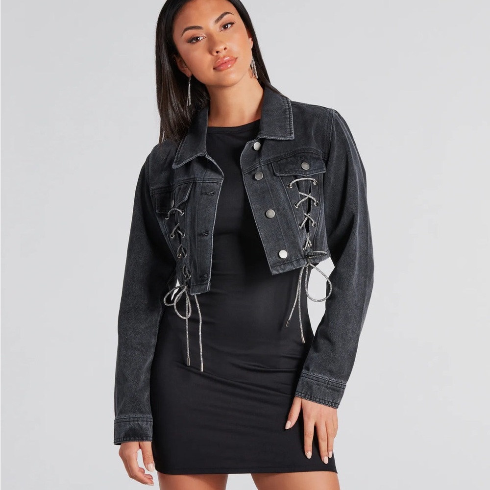 Women's Black Denim Jacket with Lace-Up Detail - Picture 2 of 3